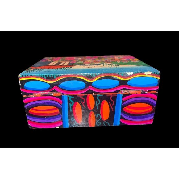 Vtg Ecuador Hand-Painted Wooden Trinket Box Folk Art Village Scene - Picture 6 of 7